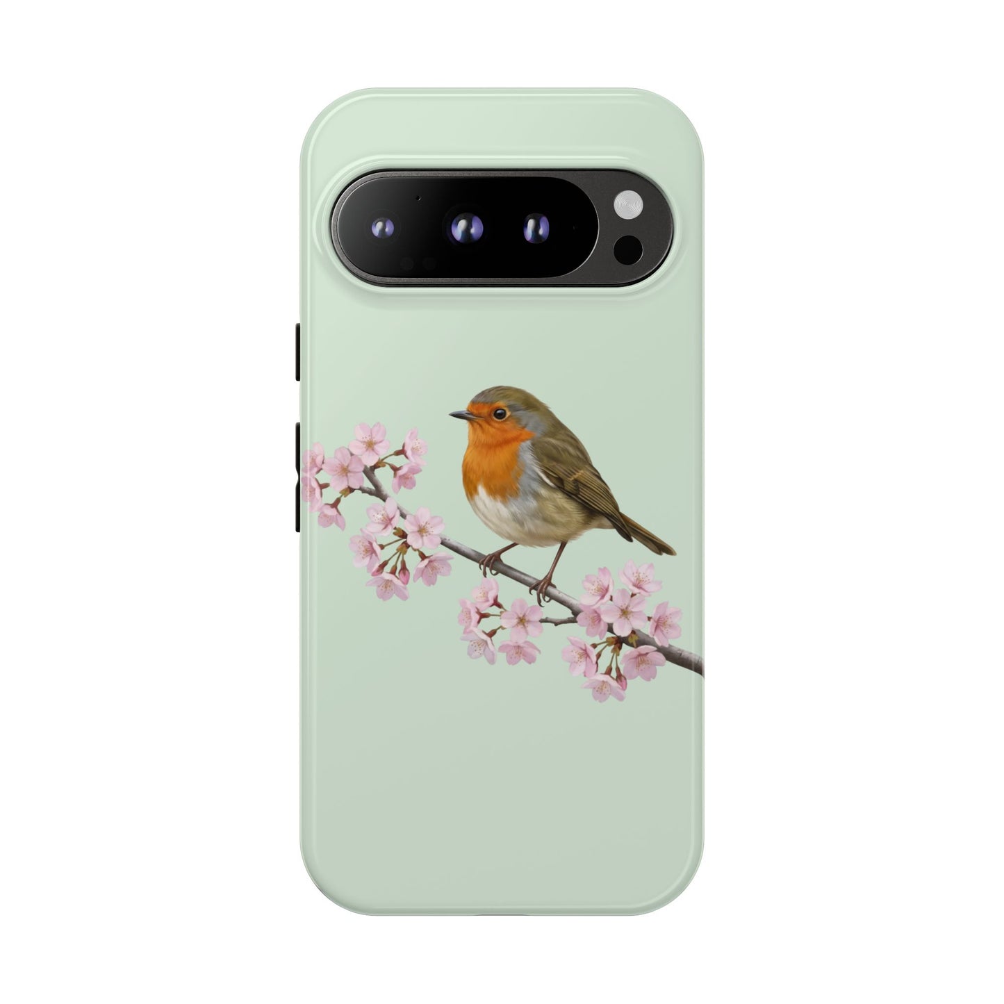 Rotkehlchen Handyhülle in Salbeigrün | Florales Kirschblüten Vogel-Motiv für iPhone & Google Pixel