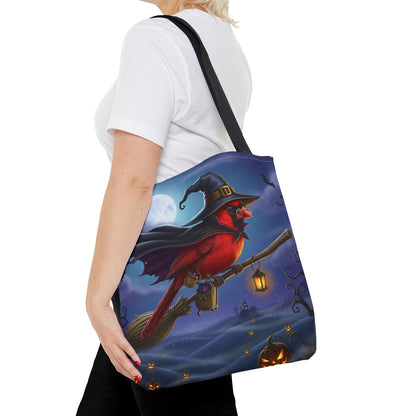 Halloween Cardinal Tote Bag: Cape & Witch Hat | 16"x16" Polyester | Bird Decor Accessory