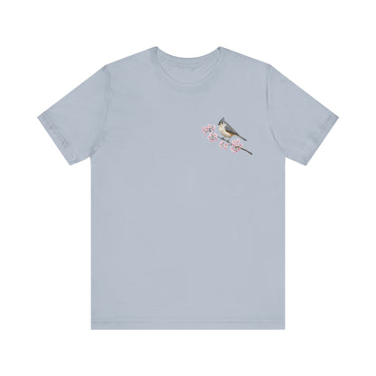 Tufted Titmouse Cherry Blossom T-Shirt | Floral Spring Tee for Bird Lovers