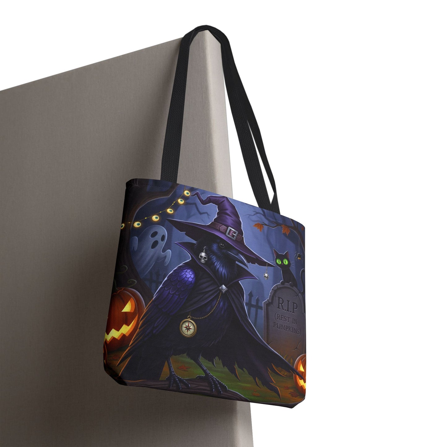 Halloween Crow Tote Bag: Purple Cape & Witch Hat | 16"x16" Polyester | Bird Decor Accessory