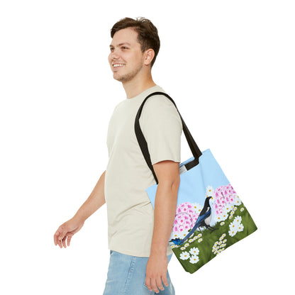 Magpie in Summer Flowers Bird Tote Bag 16"x16"