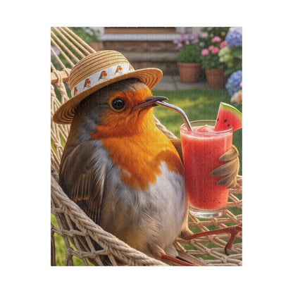 A square art print or puzzle featuring a robin sitting in a woven hammock, wearing a straw hat and holding a glass of pink drink with a watermelon slice, with a blurred garden background.