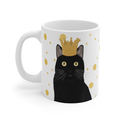 Black Cat with Crown Cat Lover Ceramic Mug White Golden Dots