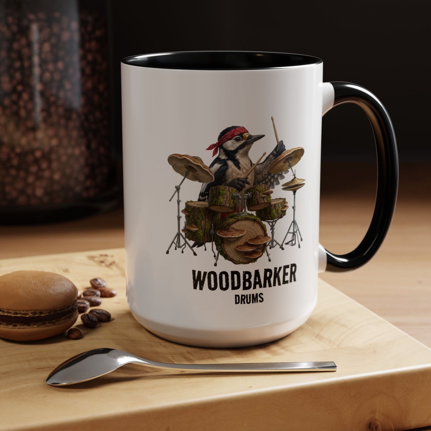 Woodbarker Drummer Mug – Funny Woodpecker Bird Gift – Heavy Metal Drumming Cup – Percussionist & Nature Lover Present