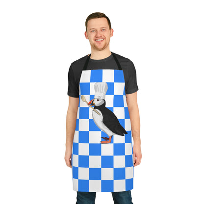 Puffin Kitchen Chef Bird Art Apron Blue and White Checkered - jz.birds