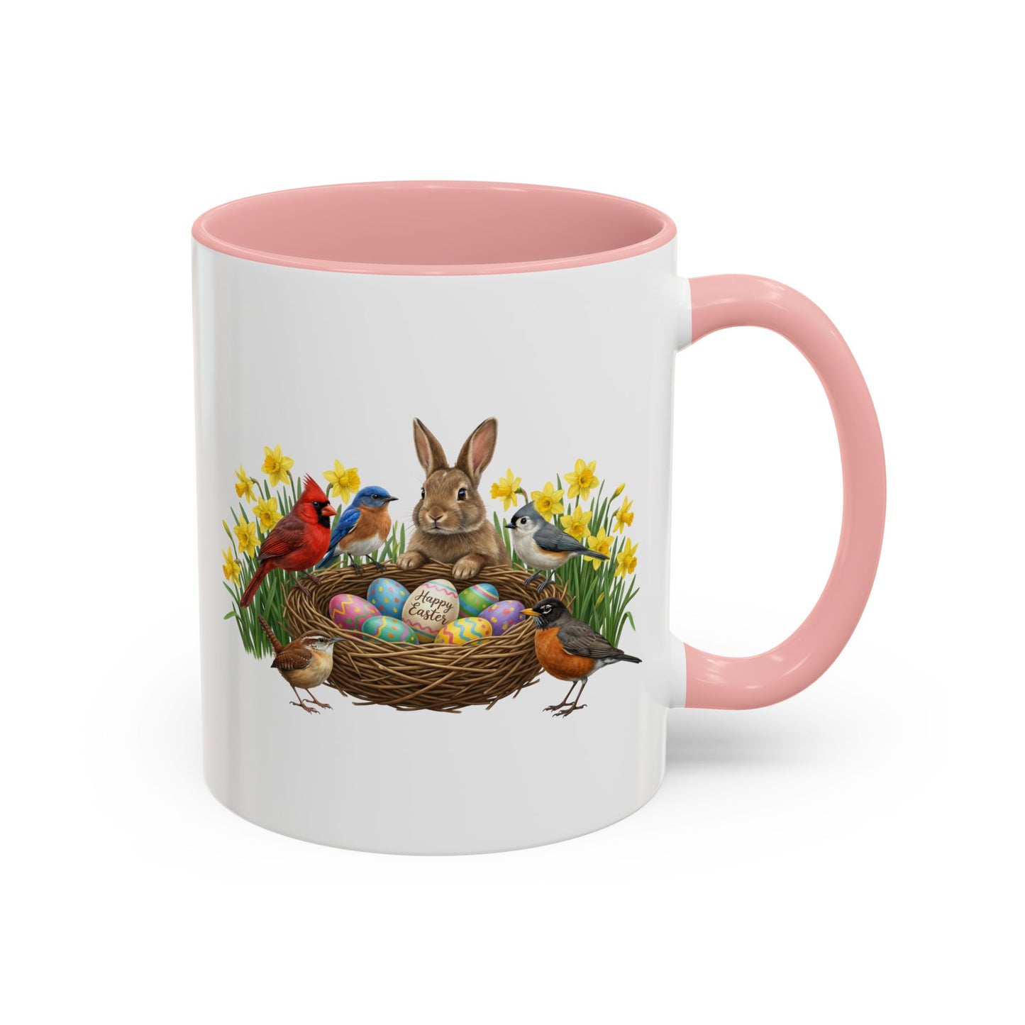 Spring Birds Garden Coffee Mug – Cardinal, Bluebird, Wren & Bunny in Daffodils | Two-Tone Ceramic Cup (11oz & 15oz)