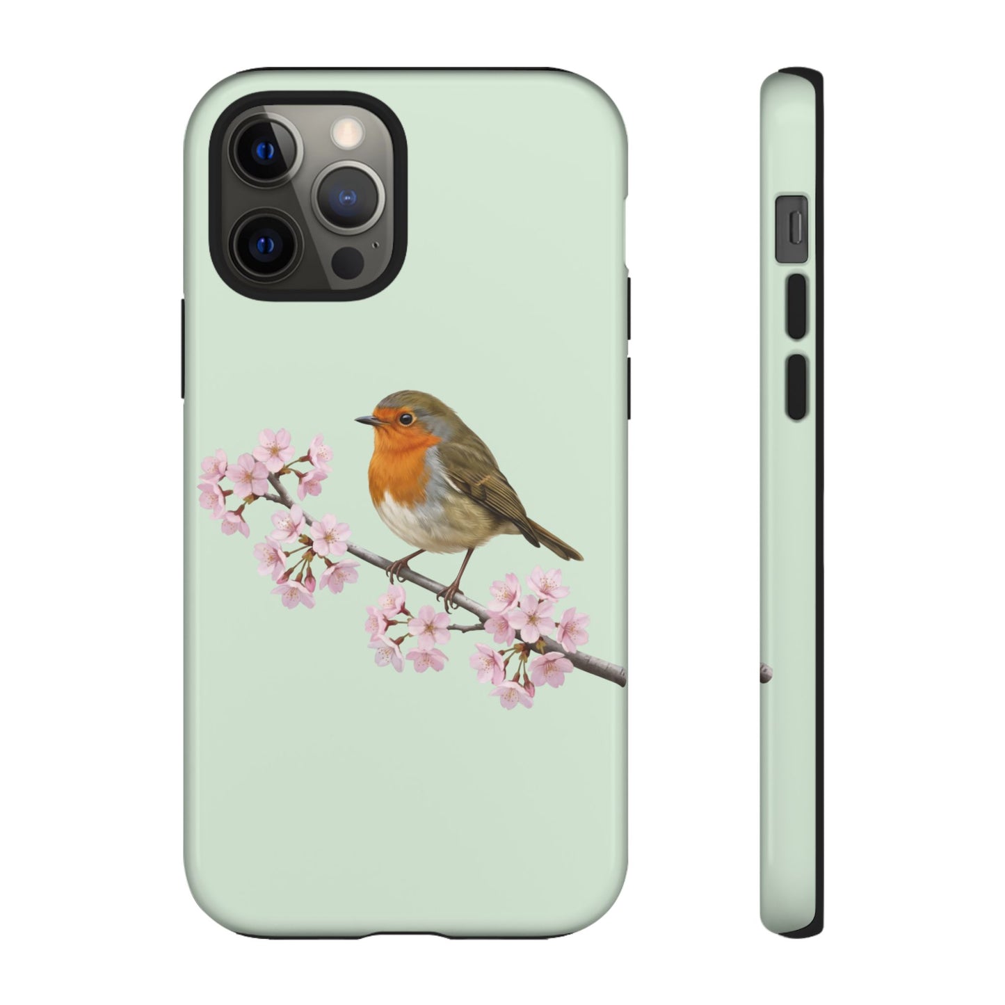 Rotkehlchen Handyhülle in Salbeigrün | Florales Kirschblüten Vogel-Motiv für iPhone & Google Pixel
