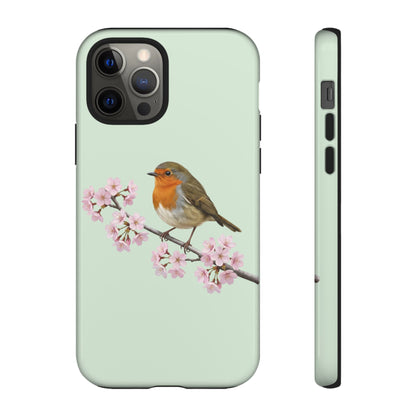 Rotkehlchen Handyhülle in Salbeigrün | Florales Kirschblüten Vogel-Motiv für iPhone & Google Pixel