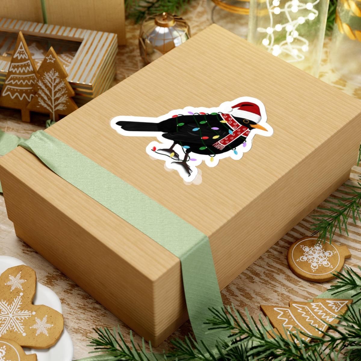 Blackbird with Fairy Lights Santa Claus Hat and Scarf Christmas Bird Sticker