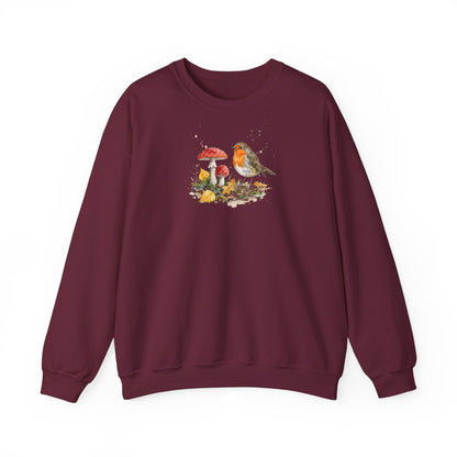 Rotkehlchen Herbst-Sweatshirt – Gemütlicher Pullover mit Herbstlaub & Fliegenpilzen
