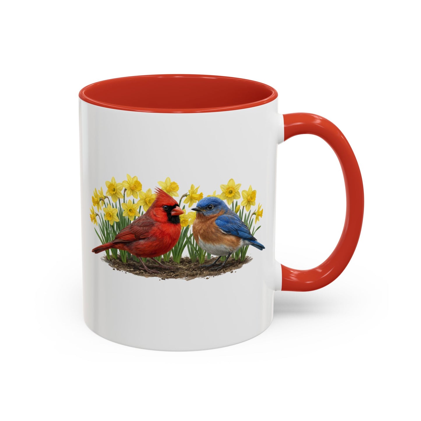 Spring Birds Coffee Mug – Cardinal & Bluebird in Daffodils | Two-Tone Ceramic Cup (11oz & 15oz)