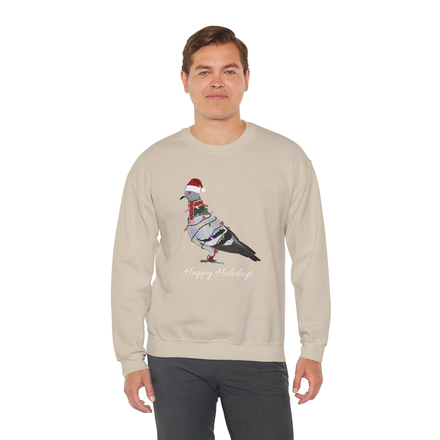 Pigeon with Fairy Lights as Santa Happy Holidays Birdwatcher Christmas Bird Sweatshirt