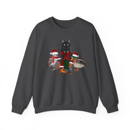 Robin Mallard Oriole Owl with Cat in a Box and Fairy Lights Birdwatcher Christmas Bird Sweatshirt