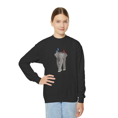 Elephant with Blue Jay and Cardinal Bird Youth Crewneck Sweatshirt