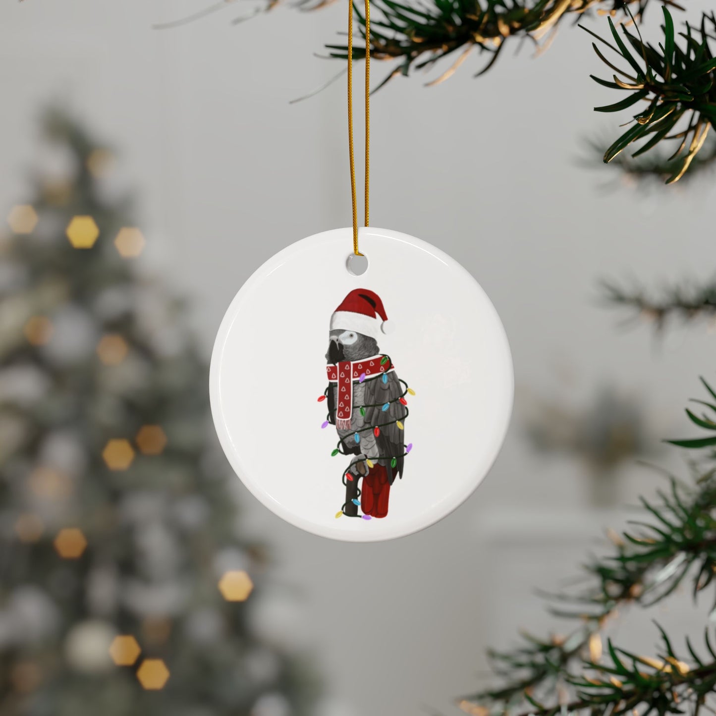 Grey Parrot as Santa Ceramic Bird Christmas Ornament | Durable Double-Sided Bird Lover Decor