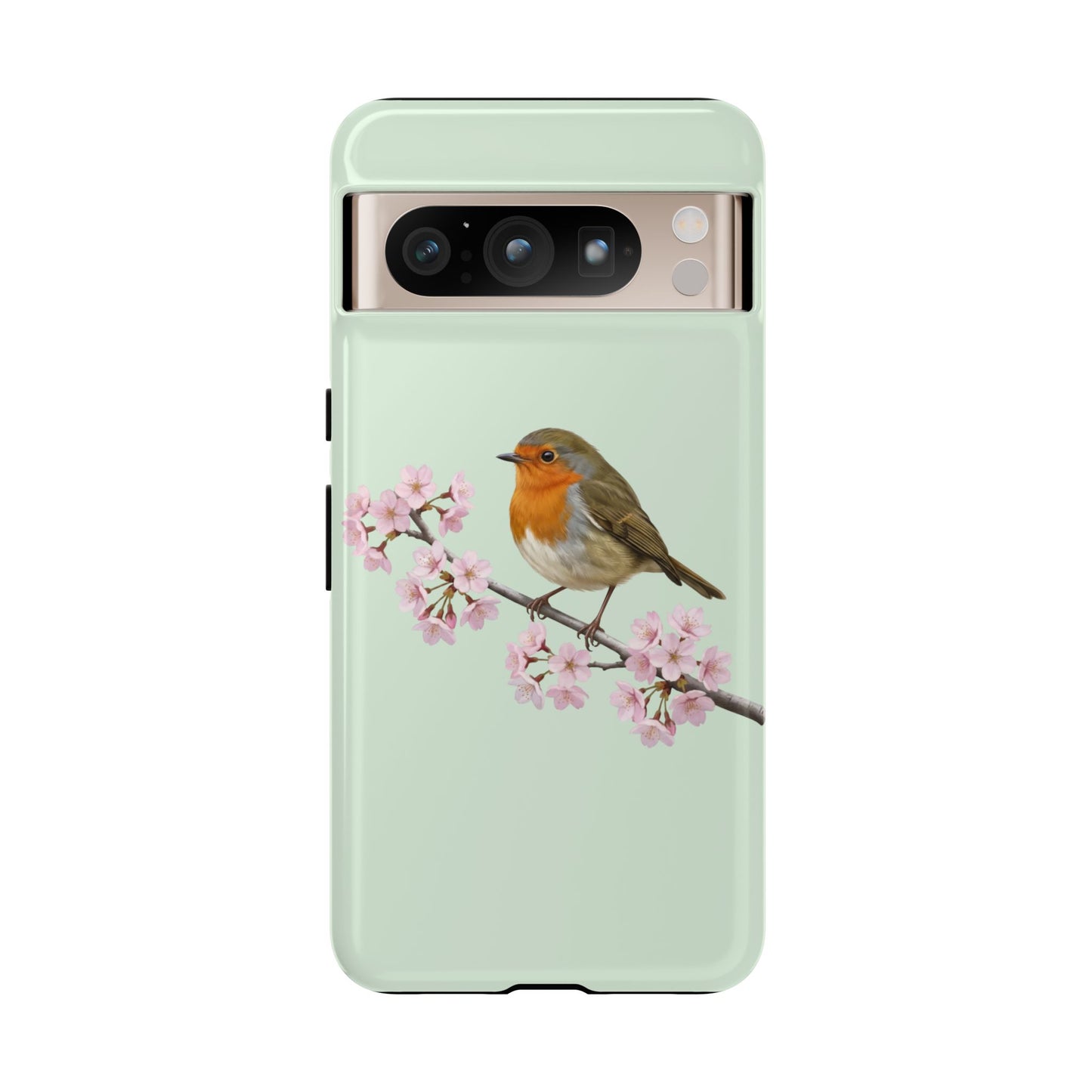 Rotkehlchen Handyhülle in Salbeigrün | Florales Kirschblüten Vogel-Motiv für iPhone & Google Pixel