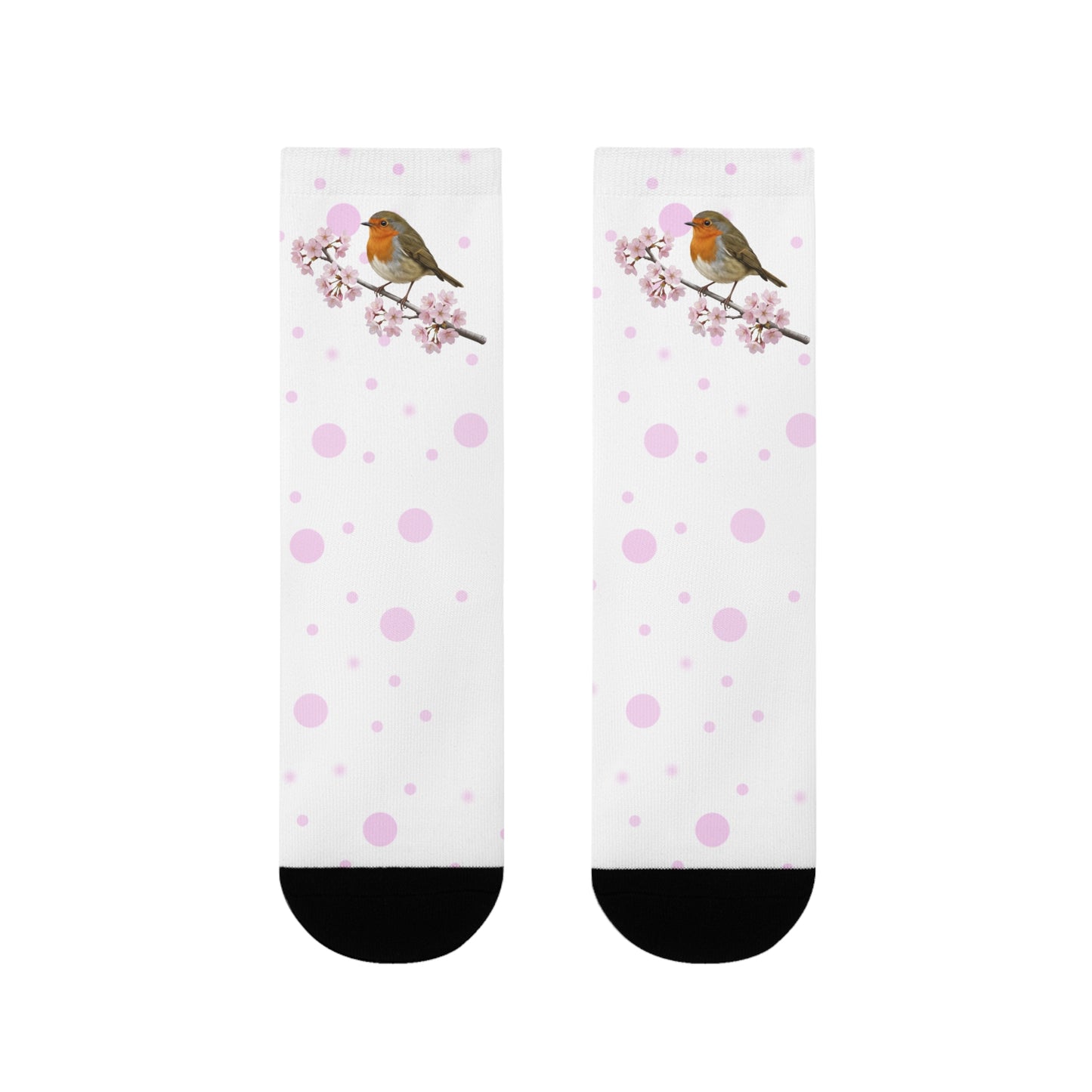 Rotkehlchen Socken mit Kirschblüten | Weiß Rosa gepunktete Vogelmotiv Strümpfe