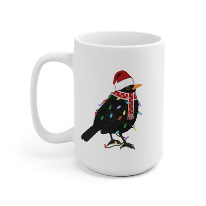 Amsel Tasse Vogel als Weihnachtsmann mit Lichterkette Weiß für Vogelfreunde