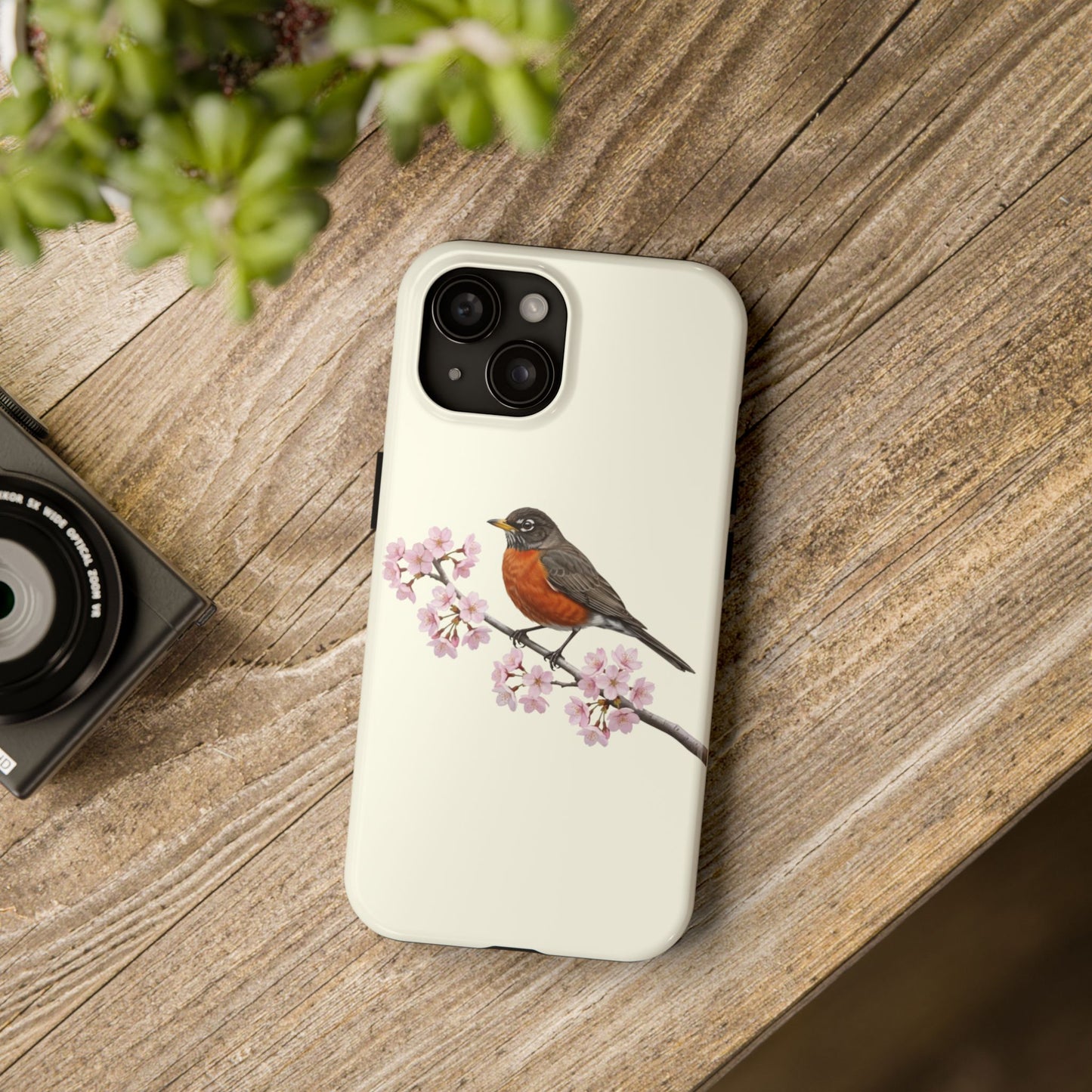 American Robin & Cherry Blossom Tough iPhone Case Creamy White