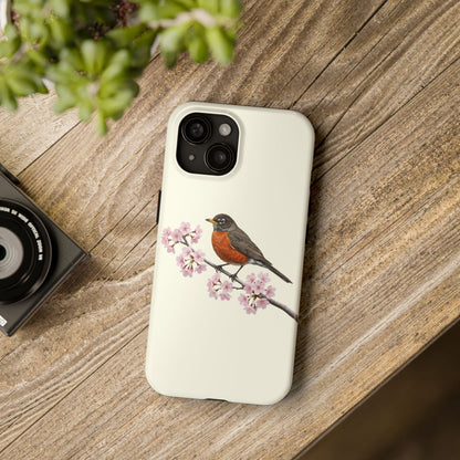 American Robin & Cherry Blossom Tough iPhone Case Creamy White