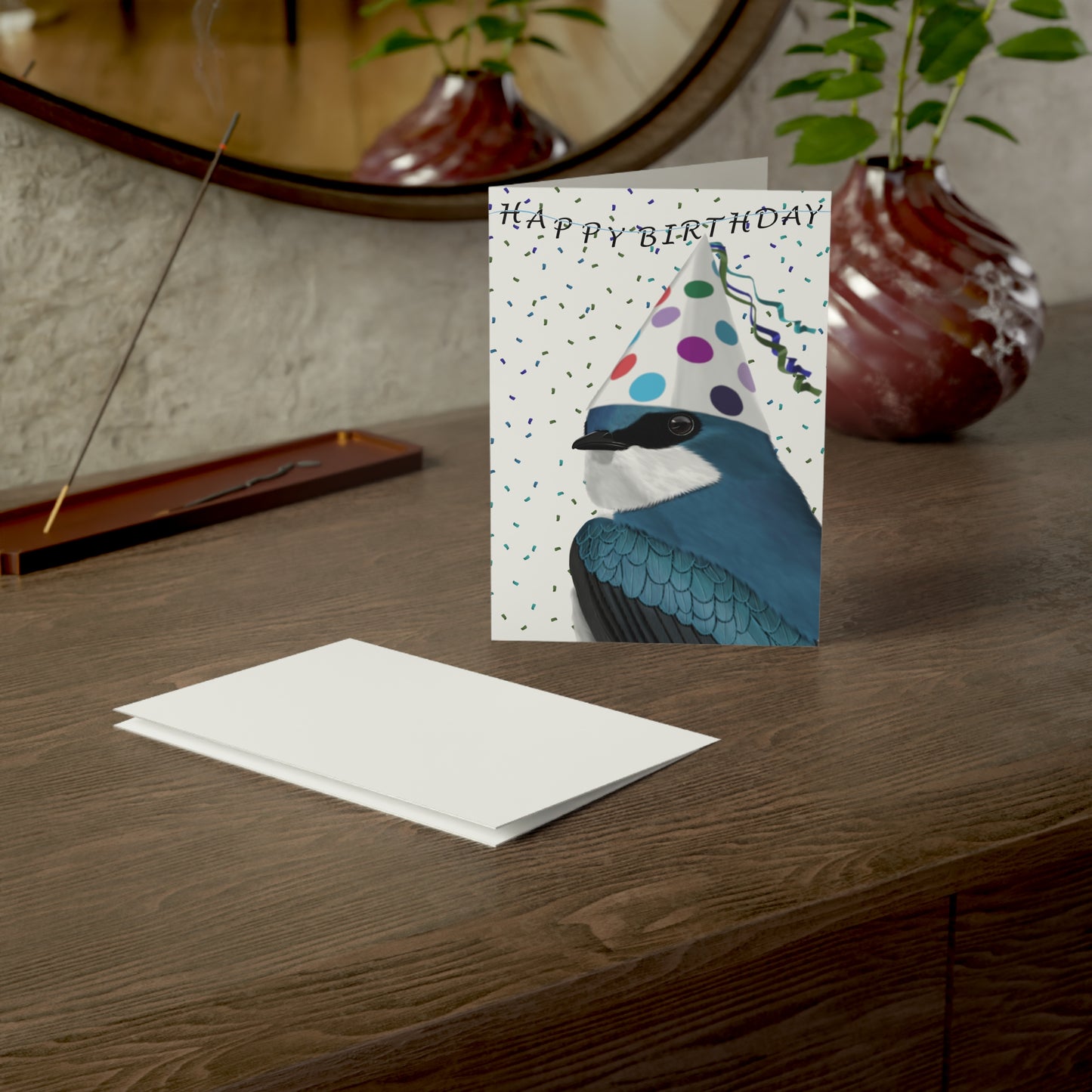 Tree Swallow with Party Hat Birthday Card – Premium Matte Bird Greeting Card