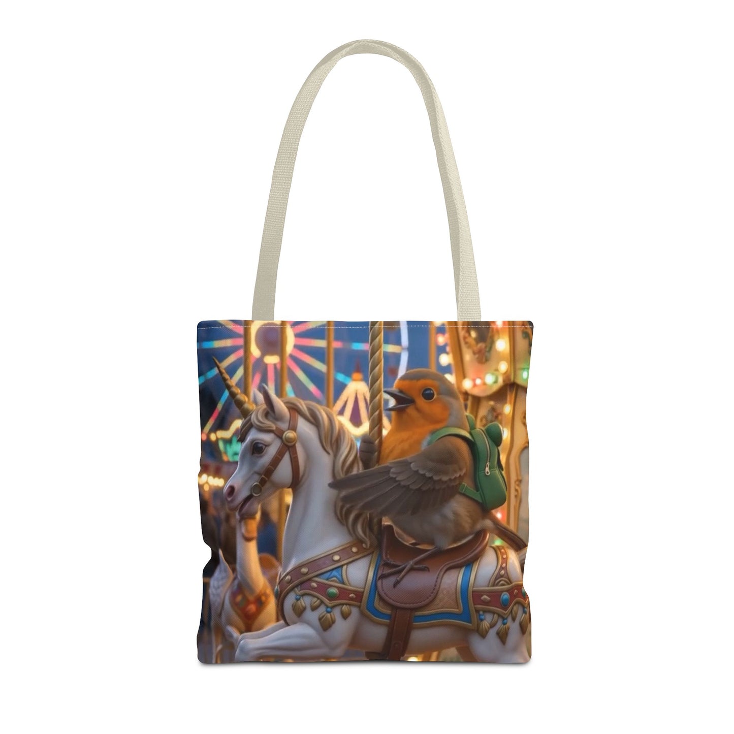 A tote bag with white shoulder straps, featuring a printed design of a robin bird riding a white carousel unicorn against a colorful carnival background.