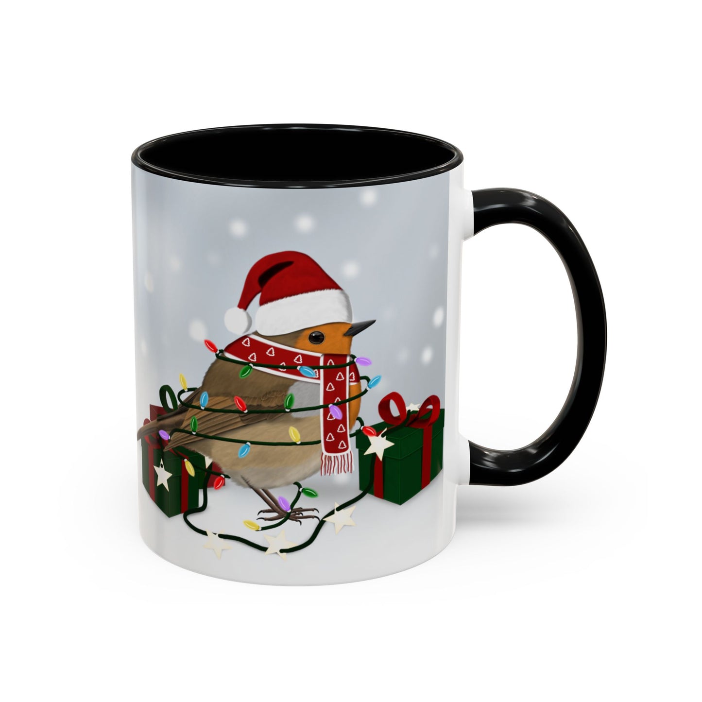 European Robin with Christmas Hat and Scarf Snow Bird Coffee Mug