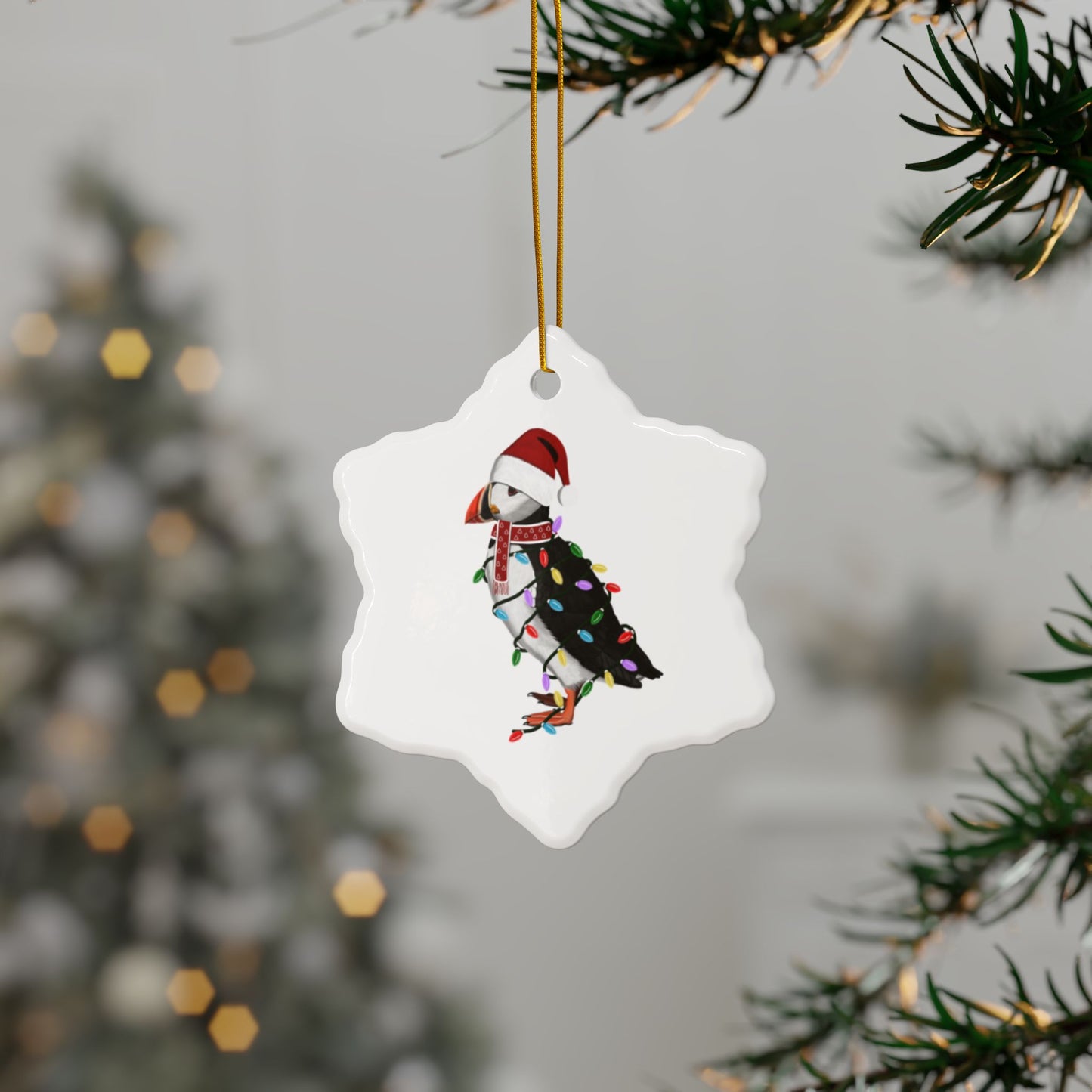 Puffin as Santa Ceramic Bird Christmas Ornament | Durable Double-Sided Bird Lover Decor