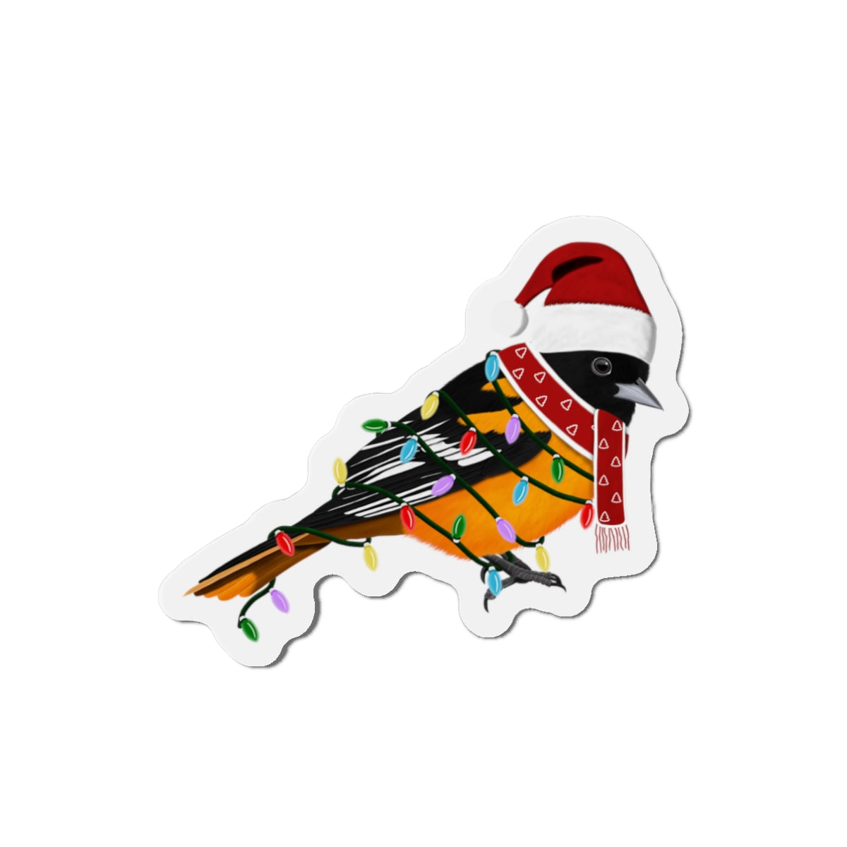 Baltimore Oriole with Fairy Lights and Scarf Christmas Bird Magnet