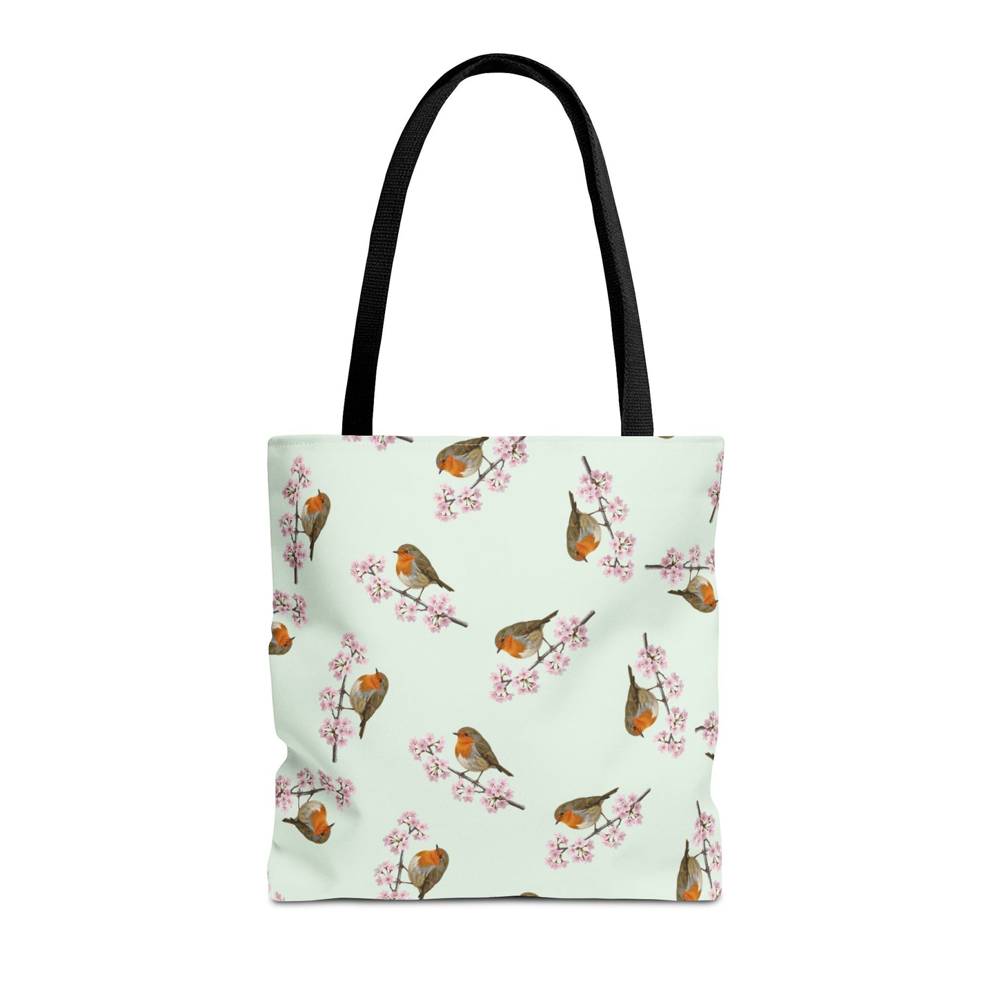 Rotkehlchen & Kirschblüten Tragetasche in Salbeigrün | Stofftasche & Geschenk für Vogelbeobachter