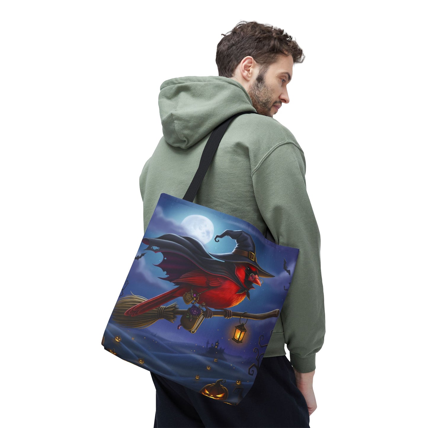 Halloween Cardinal Tote Bag: Cape & Witch Hat | 16"x16" Polyester | Bird Decor Accessory