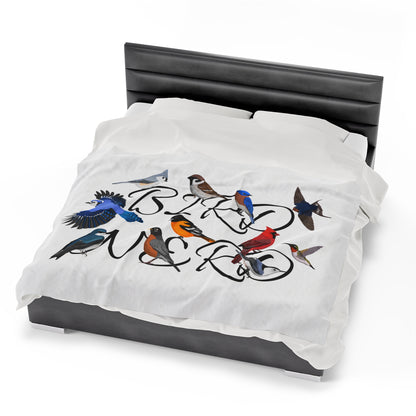 Bird Nerd Blue Jay Cardinal Robin Bluebird Hummingbird Oriole Backyard Birds Velveteen Plush Blanket White