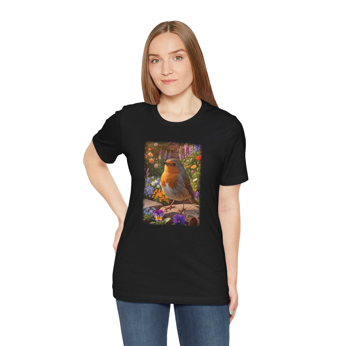 Robin Rosi in the Flower Bed T-Shirt - Cozy Backyard Birding Apparel