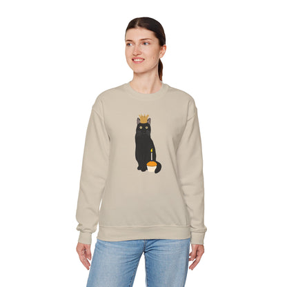 Black Birthday Cat with Muffin and Golden Crown Cat Lover Sweatshirt