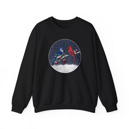 Blue Jay and Cardinal on a Winter Branch Christmas Bird Sweatshirt