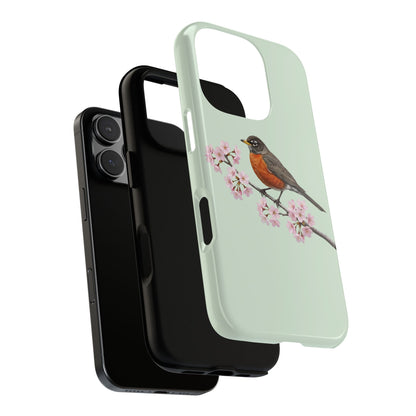 Wanderdrossel Handyhülle in Salbeigrün | Florales Kirschblüten Vogel-Motiv für iPhone & Google Pixel