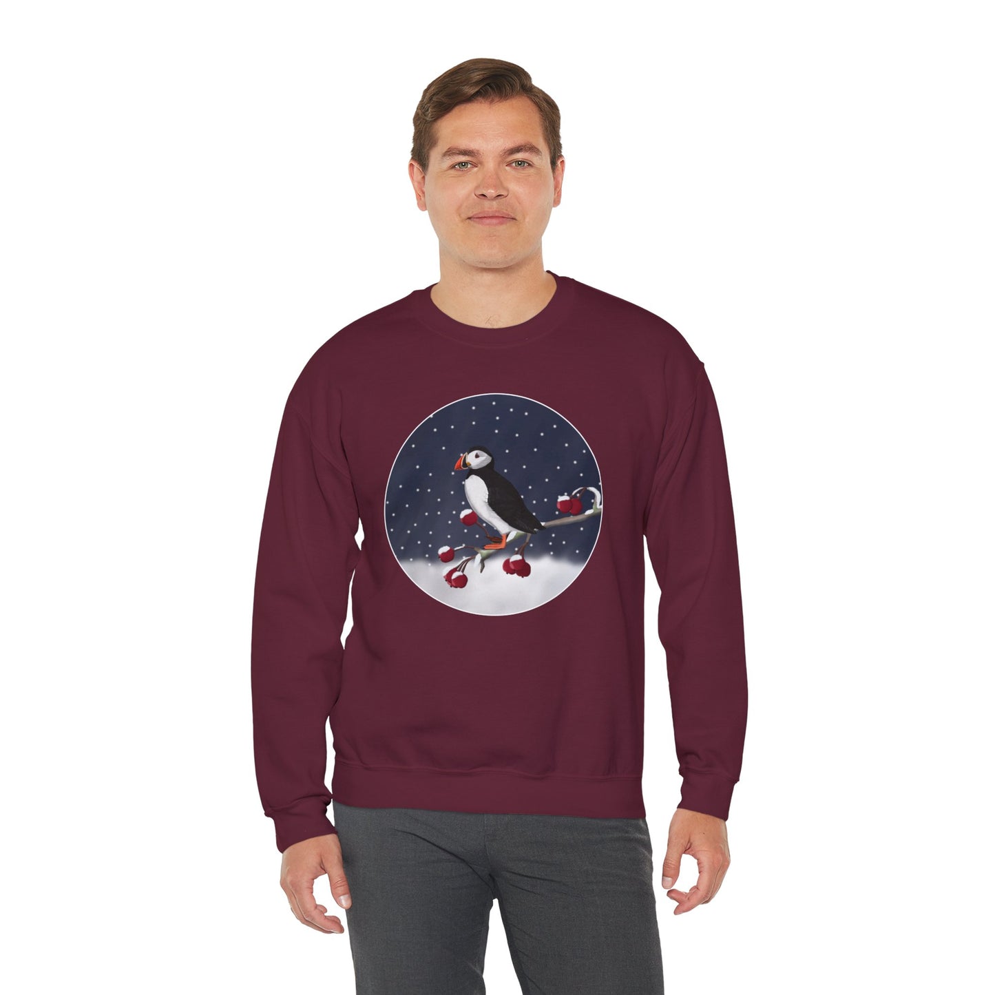 Puffin on a Winter Branch Birdwatcher Christmas Bird Sweatshirt