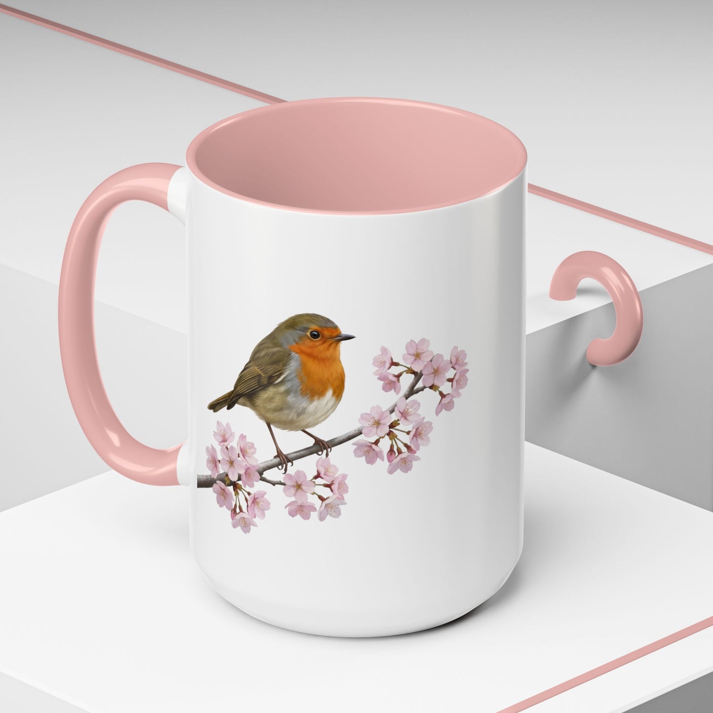 European Robin Cherry Blossom Mug | Pink Ceramic Coffee Cup for Bird Lovers