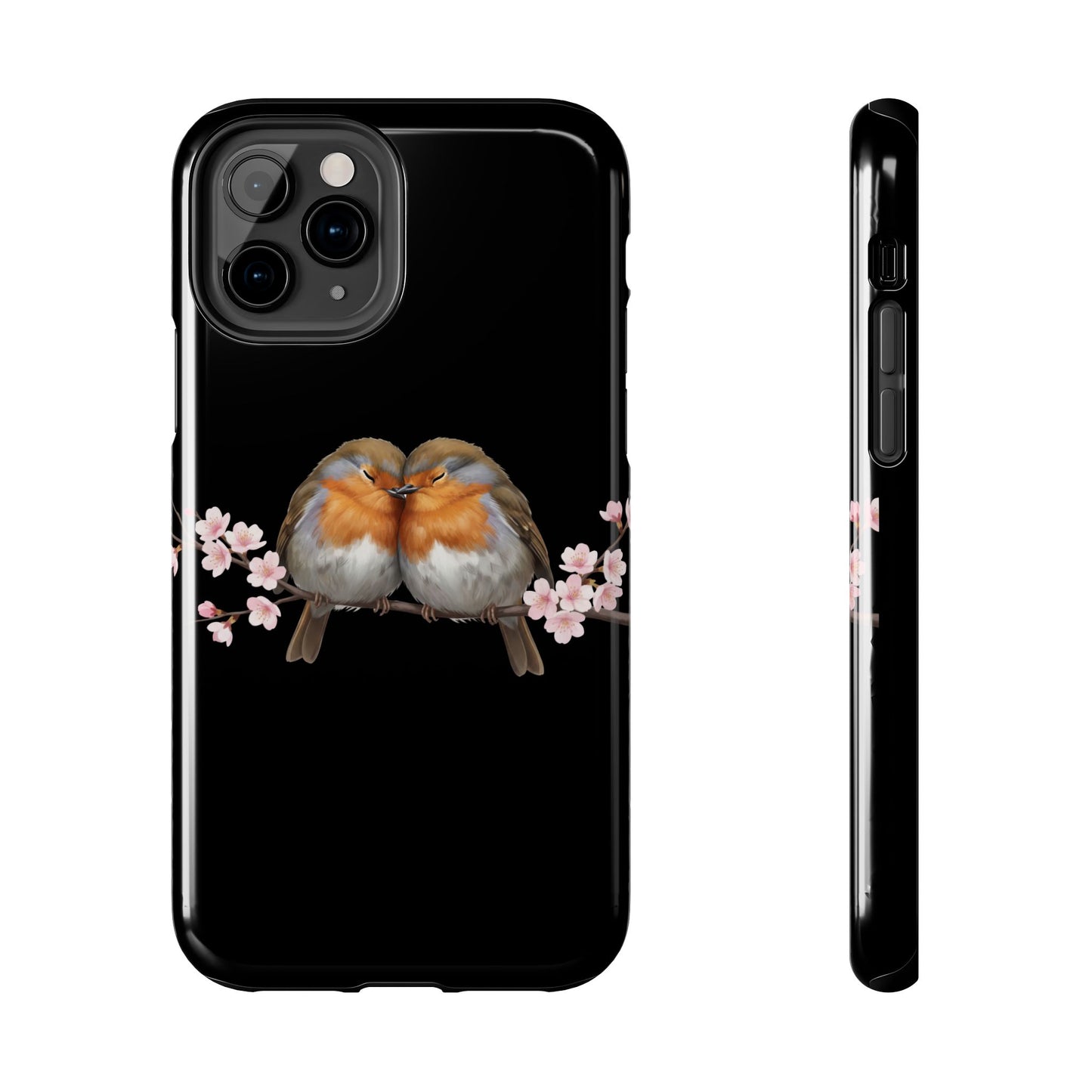 European Robin with Cherry Blossoms iPhone Case – Premium Tough Phone Cover Black