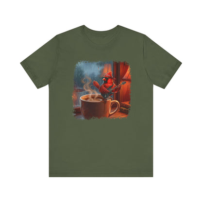 Vintage Lo-Fi Coffee & Rain Graphic Tee – Cardinal with Guitar Musician Shirt