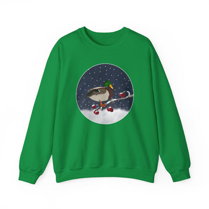 Mallard on a Winter Branch Birdwatcher Christmas Bird Sweatshirt