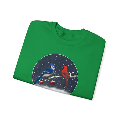 Blue Jay and Cardinal on a Winter Branch Christmas Bird Sweatshirt