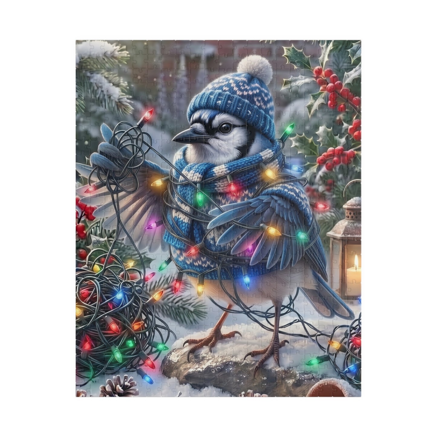 A festive winter illustration of a blue jay wearing a blue knit hat and matching scarf, surrounded by colorful Christmas string lights, snow, holly, and a lantern.