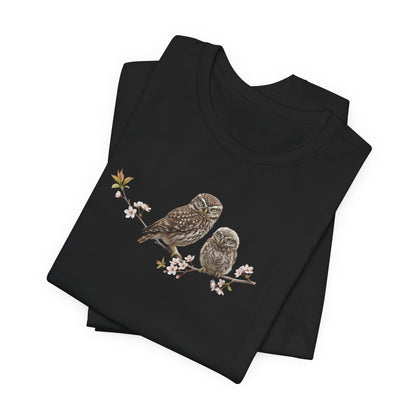 Eule Steinkauz & Jungvogel T-Shirt | Frühlingsblüten Vogelmotiv für Vogelbeobachter