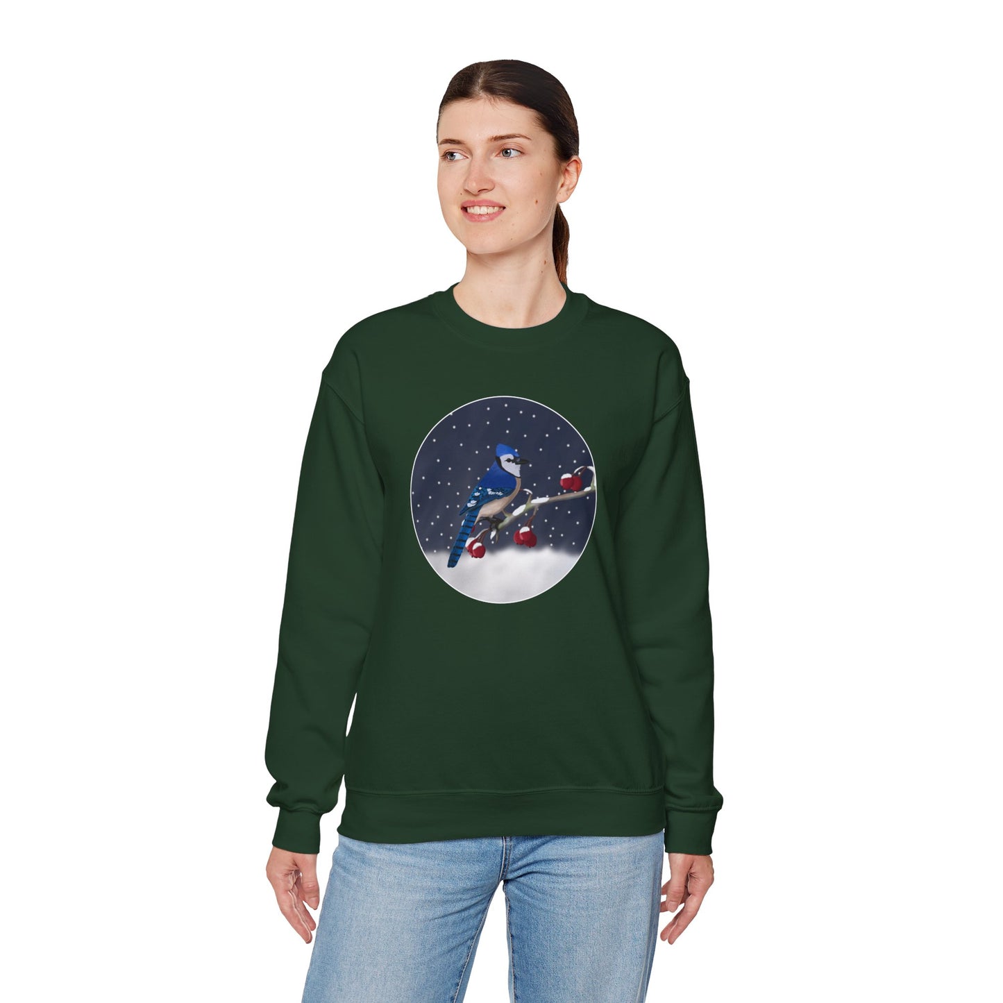 Blue Jay on a Winter Branch Christmas Bird Sweatshirt