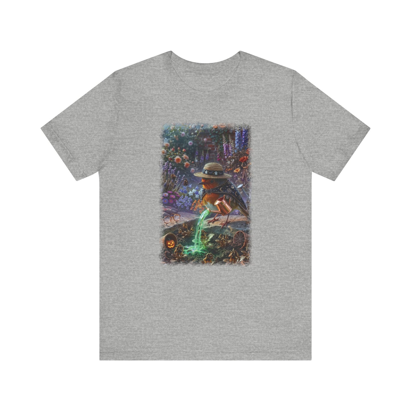 Soft premium Bella Canvas 3001 athletic heather T-shirt featuring a digitally painted illustration of a cute bird named Robin Rosi pouring a glowing green magic potion from a watering can onto dried flowers.