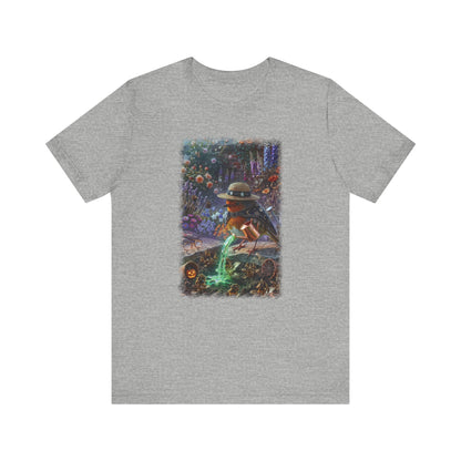 Soft premium Bella Canvas 3001 athletic heather T-shirt featuring a digitally painted illustration of a cute bird named Robin Rosi pouring a glowing green magic potion from a watering can onto dried flowers.