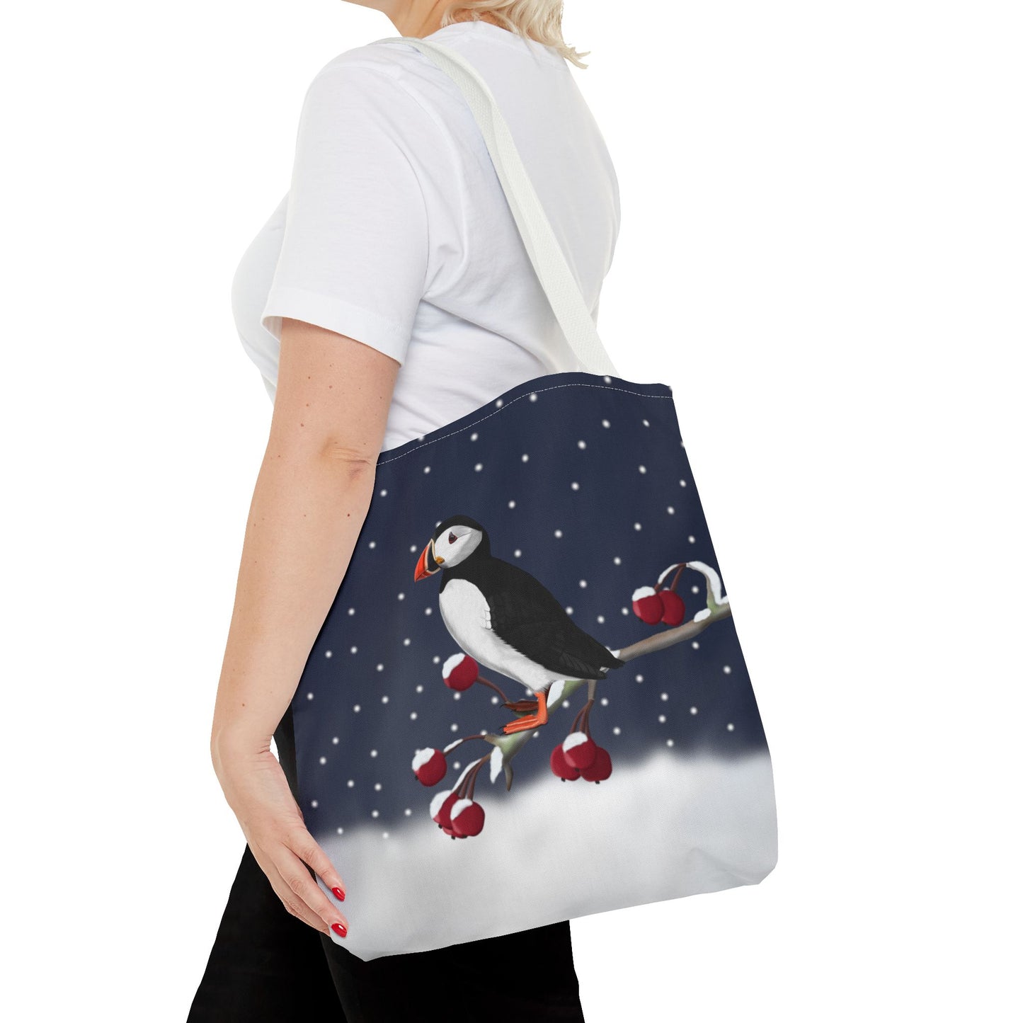 Puffin on a Winter Branch Christmas Bird Tote Bag 16"x16"