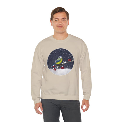 Blue Titmouse on a Winter Branch Birdwatcher Christmas Bird Sweatshirt