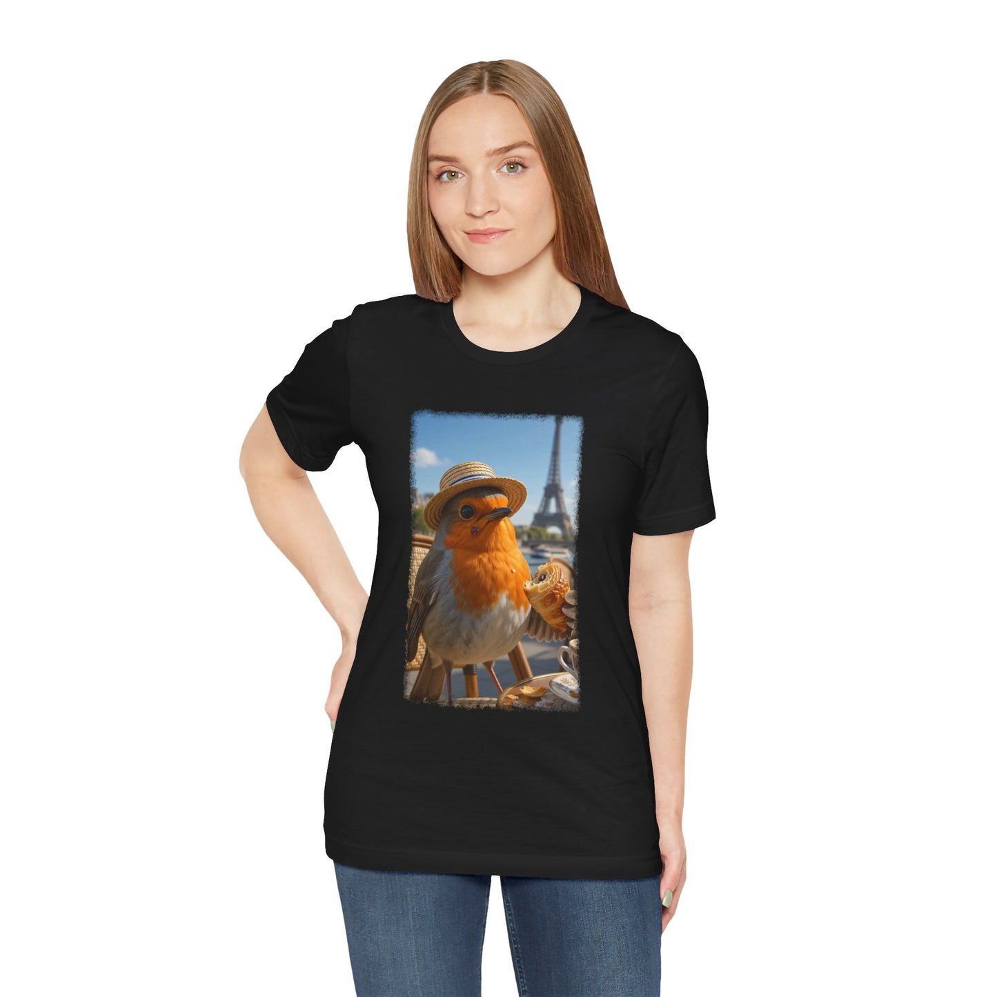 Rosi Rotkehlchen im Paris Bistro T-Shirt – Bequemes Premium Shirt für Vogelfreunde